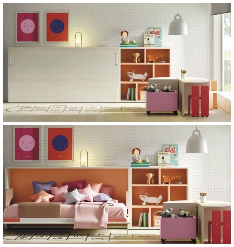 Coqueta habitación infantil con la cama escondida en un discreto mueble.