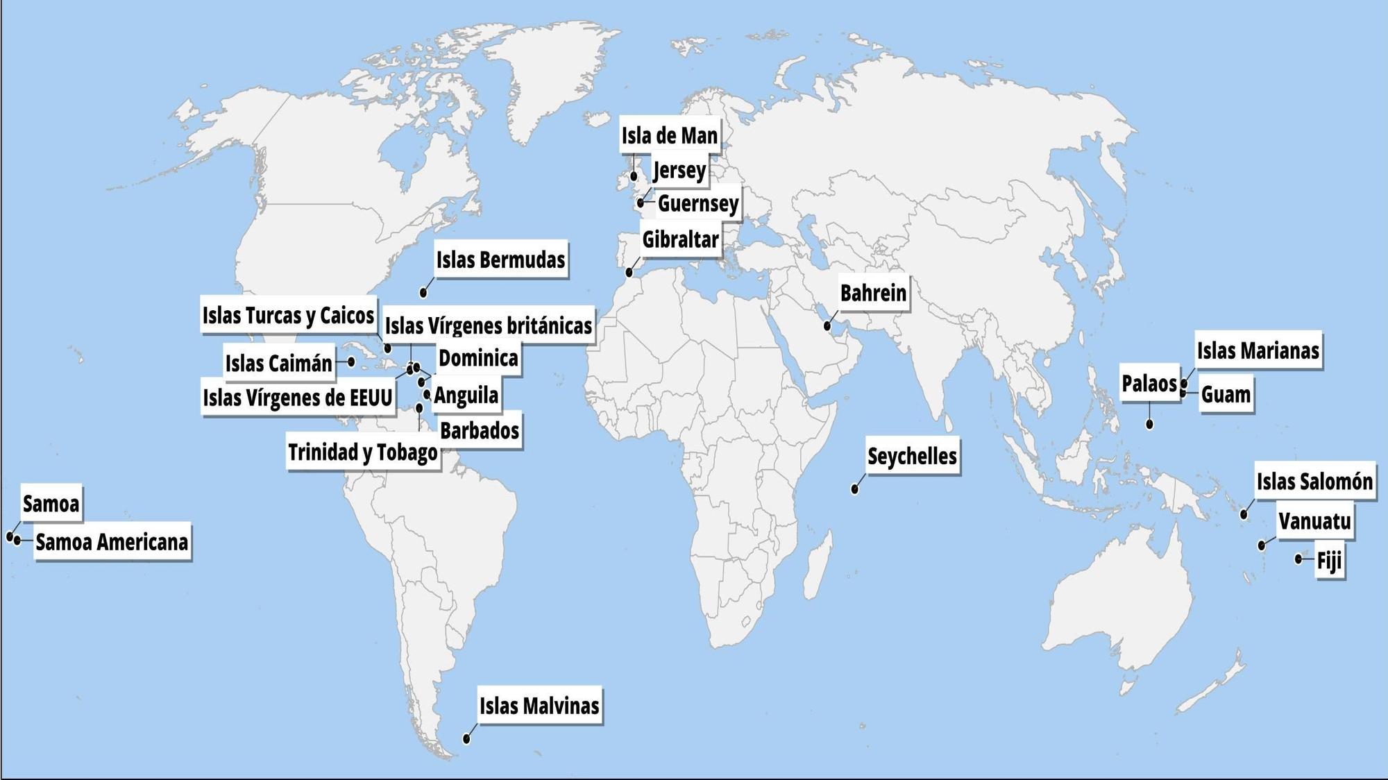 Mapa de territorios que el Estado considera paraísos fiscales.