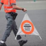Un agente de la Policía Foral coloca una señal en un control de alcohol y drogas.
