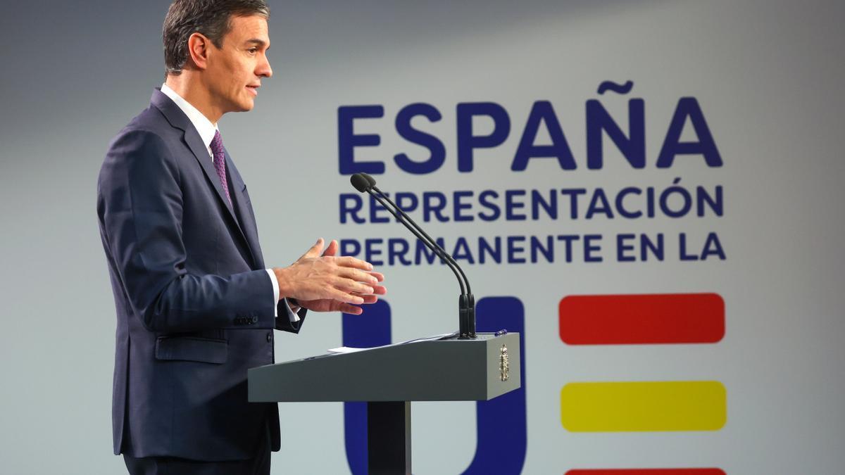 Pedro Sánchez, en su comparecencia tras la segunda jornada del Consejo Europeo celebrado en Bruselas.