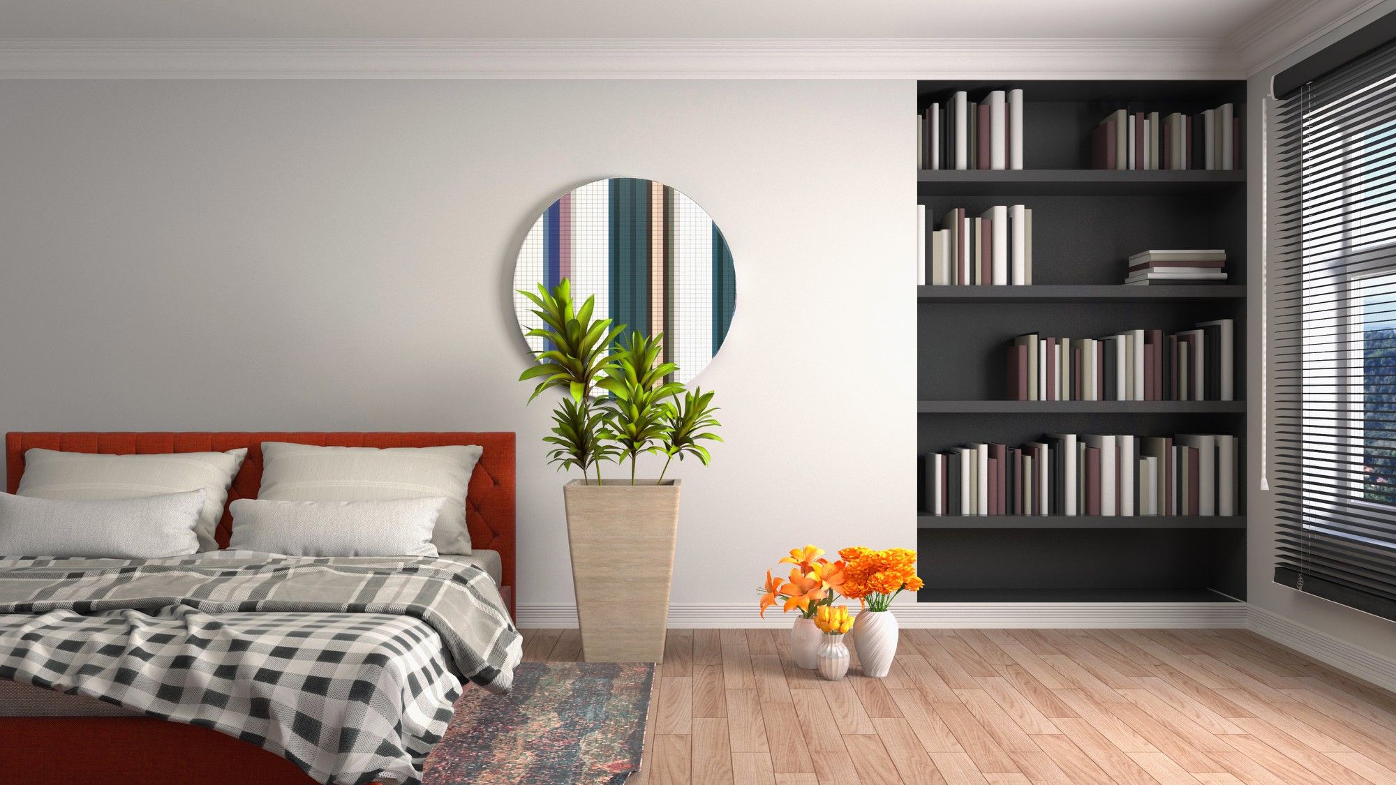 Estantería con libros en un dormitorio.