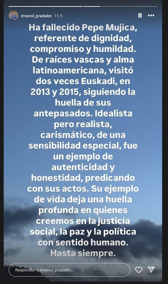 El mensaje que Imanol Pradales ha publicado en su cuenta de Instagram.