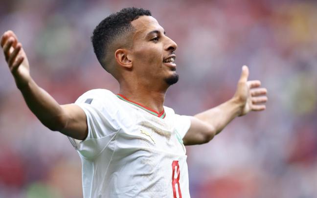 El centrocampista de la selección marroquí Azzedine Ounahi, celebrando uno de los tantos frente a Canadá en el Mundial 2026.