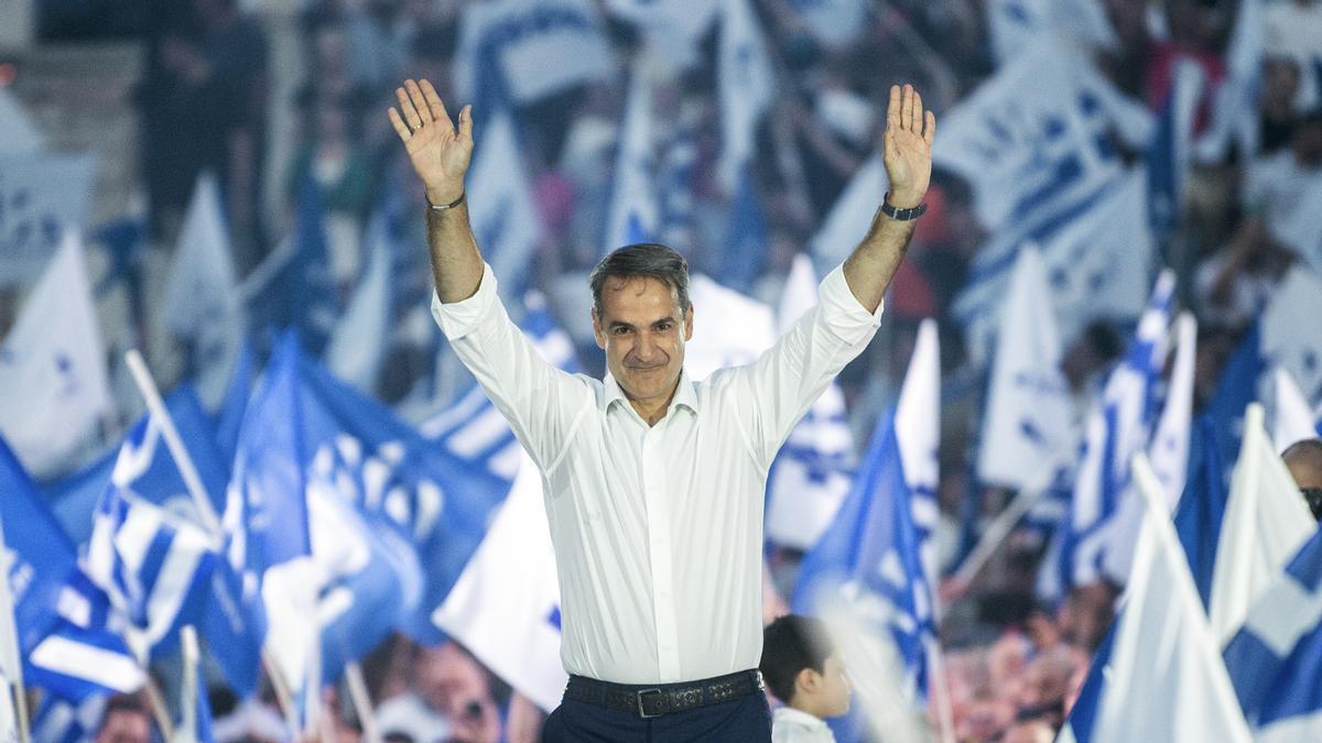 El actual primer ministro y líder del partido conservador, Kyriakos Mitsotakis, en el cierre de la campaña electoral.