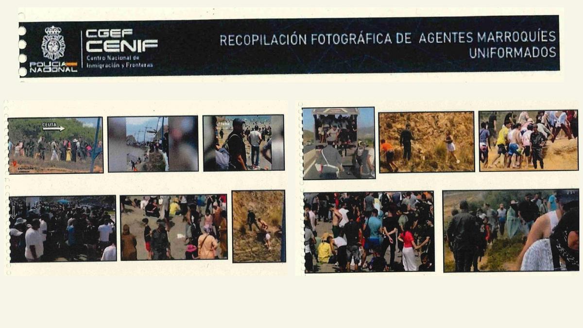 Recopilación de imágenes incluida en el informe del CENIF sobre la actuación de agentes marroquíes uniformados durante la entrada masiva en Ceuta.