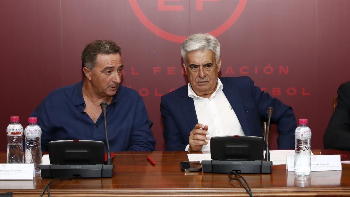 El presidente de la RFEF en funciones, Pedro Rochan (a la derecha de la imagen), encabezó la reunión de las Territoriales que pidieron la dimisión de Rubiale