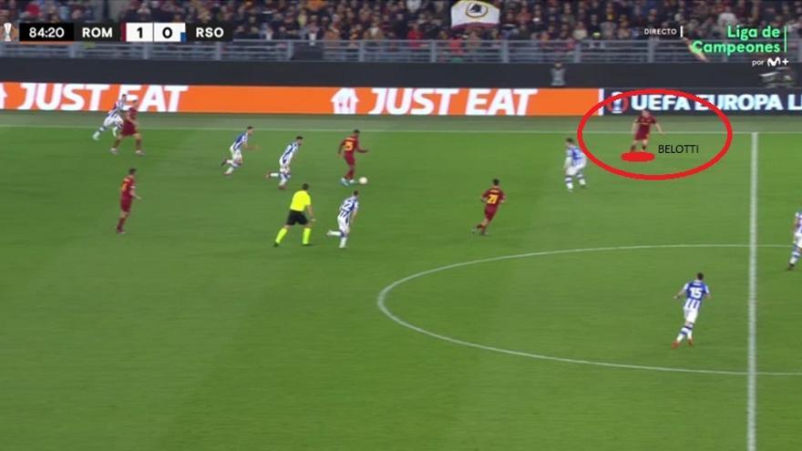 2-0: más allá de la obviedad del córner mal defendido, toda la acción previa al saque de esquina se cocina desde una pérdida de Merino y esta recepción de Belotti. Ante un rombo como el txuri-urdin, muy bien Mourinho ordenando escorarse a los atacantes que quedaban descolgados (para recibir a la espalda de laterales).