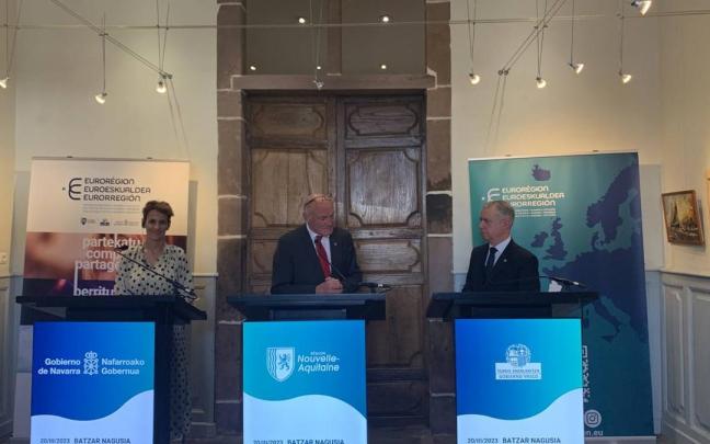 María Chivite, Alain Rousset e Iñigo Urkullu, en la Asamblea de la eurorregión Nueva Aquitania-Euskadi-Navarra