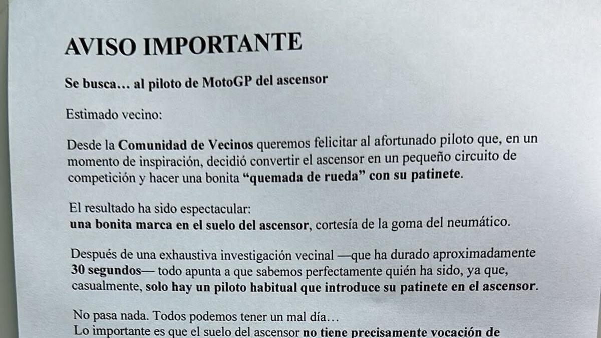 La nota que unos vecinos han colocado en una comunidad