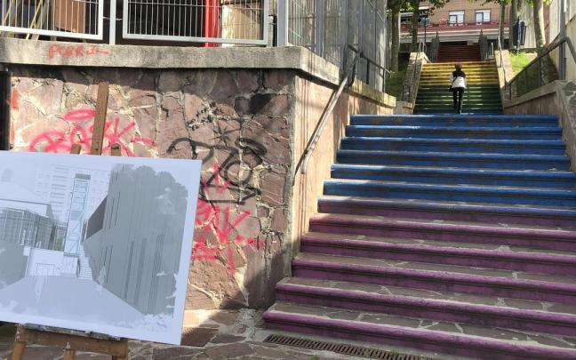 Escaleras entre Atalde y la calle Bizkai Buru, que salvará el elevador en un futuro cercano. Escaleras entre Atalde y la calle Bizkai Buru, que salvará el elevador en un futuro cercano.