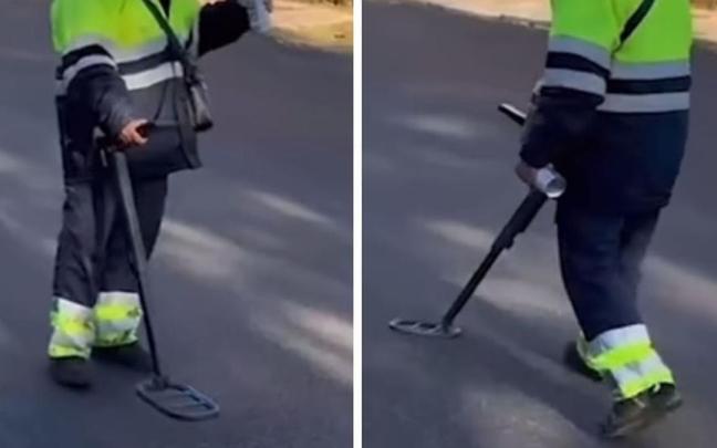 Un trabajador busca las alcantarillas con un detector de metales. / Instagram (@salvosottile_) Un trabajador busca las alcantarillas con un detector de metales.