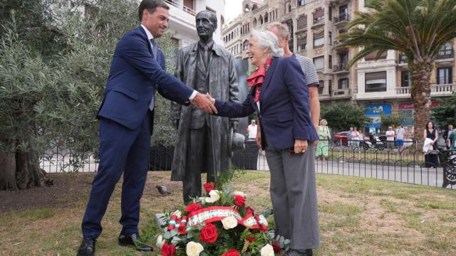 El lehendakari Pradales saluda a familiares del lehendakari Leizaola, junto al monumento que le recuerda en la plaza Euskadi de Donostia