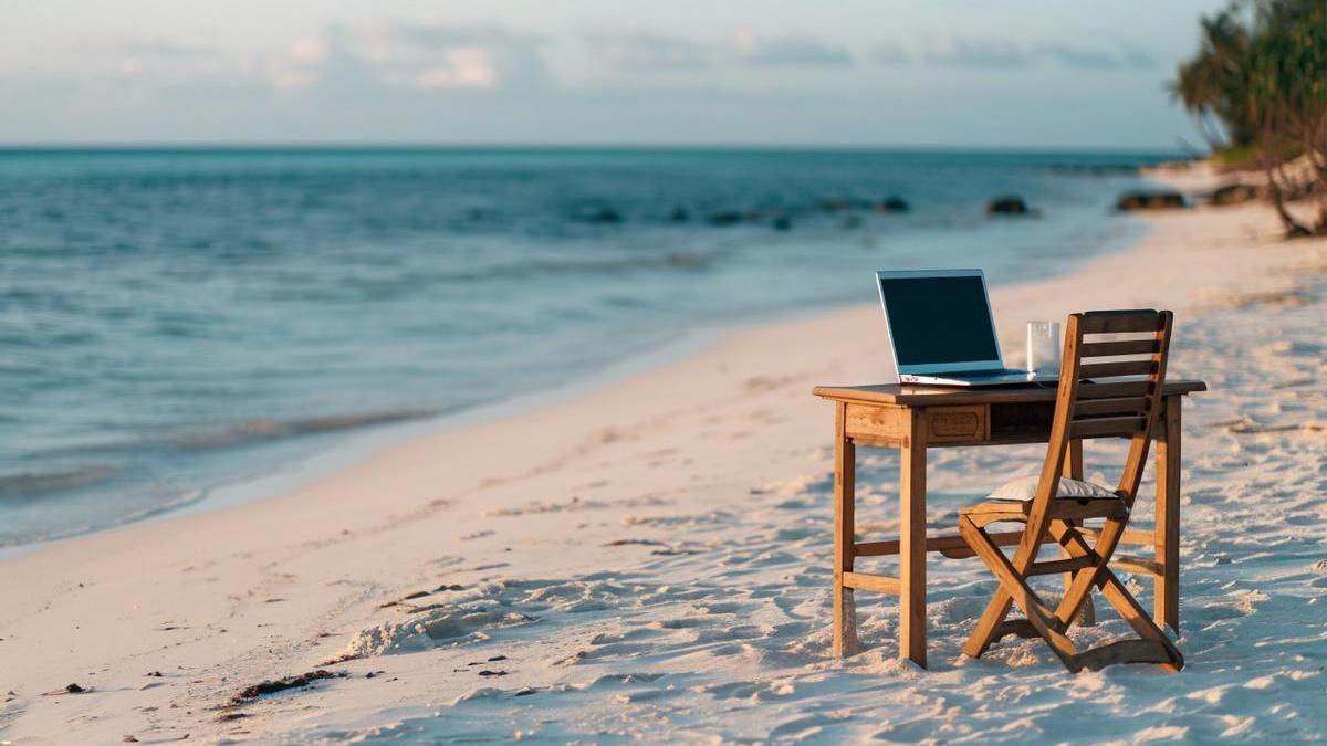 Un escritorio con un ordenador en la playa.