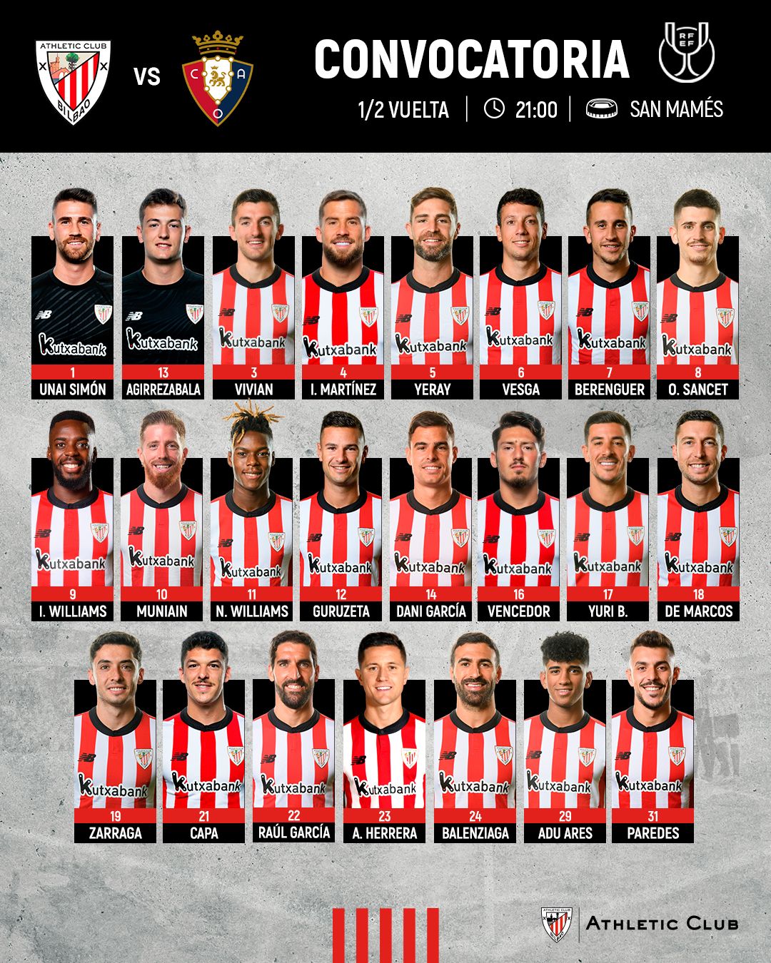 Convocatoria del Athletic para jugar contra Osasuna