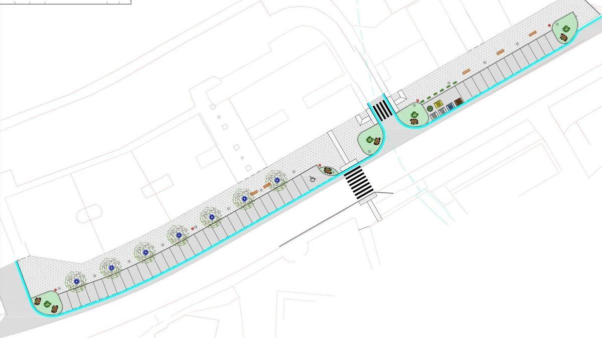 Plano del tramo de calle Garbe afectado por el proyecto con la nueva disposición de aparcamientos y acera