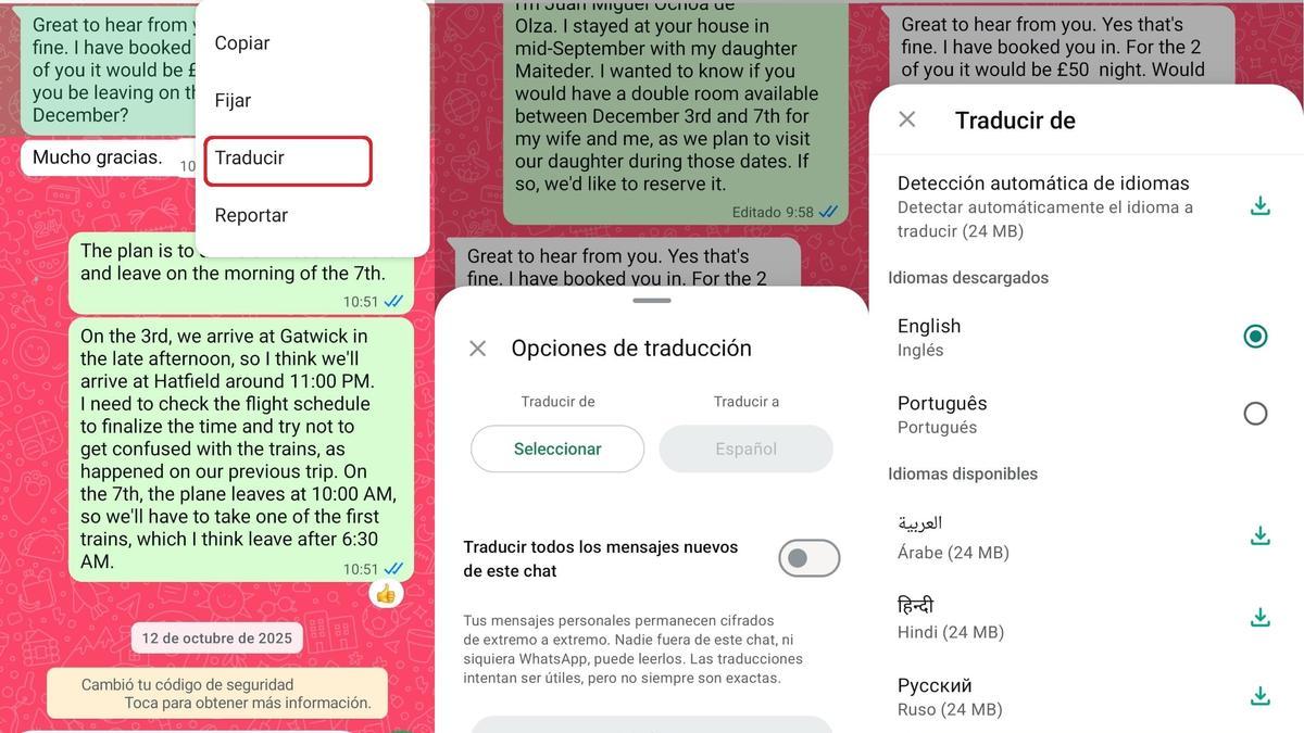Combo de pantallazos con los pasos a seguir para traducir un mensaje recibido.