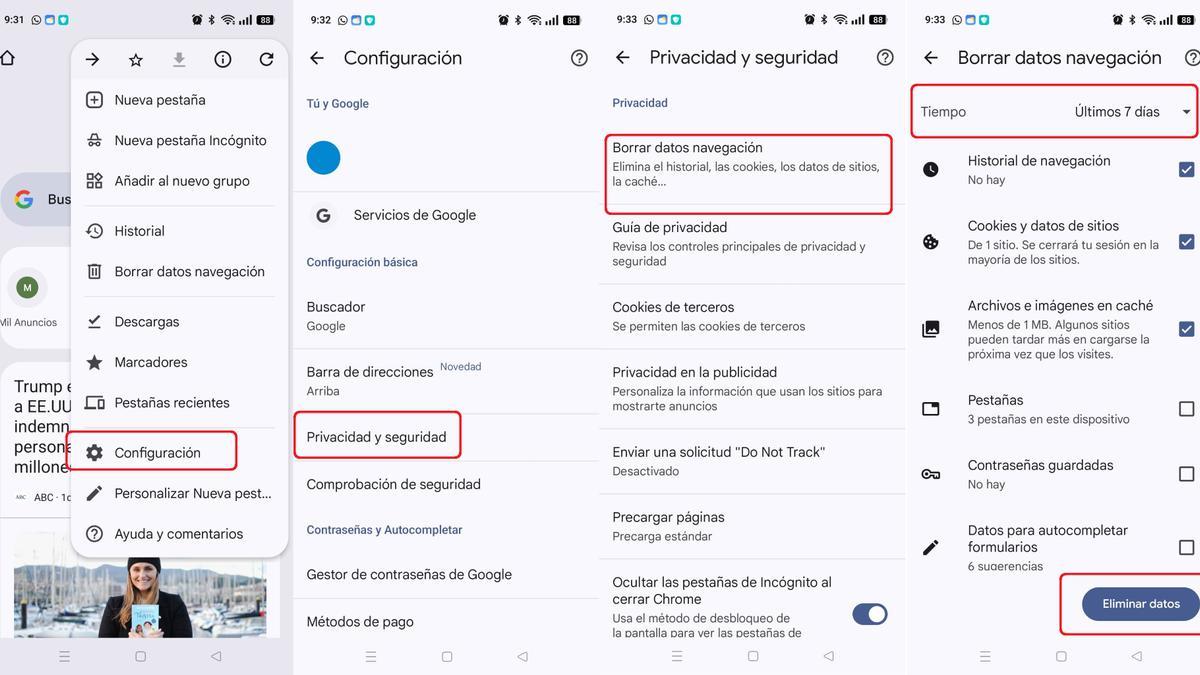 Itinerario para borrar los datos de navegación en un teléfono con sistema Android.