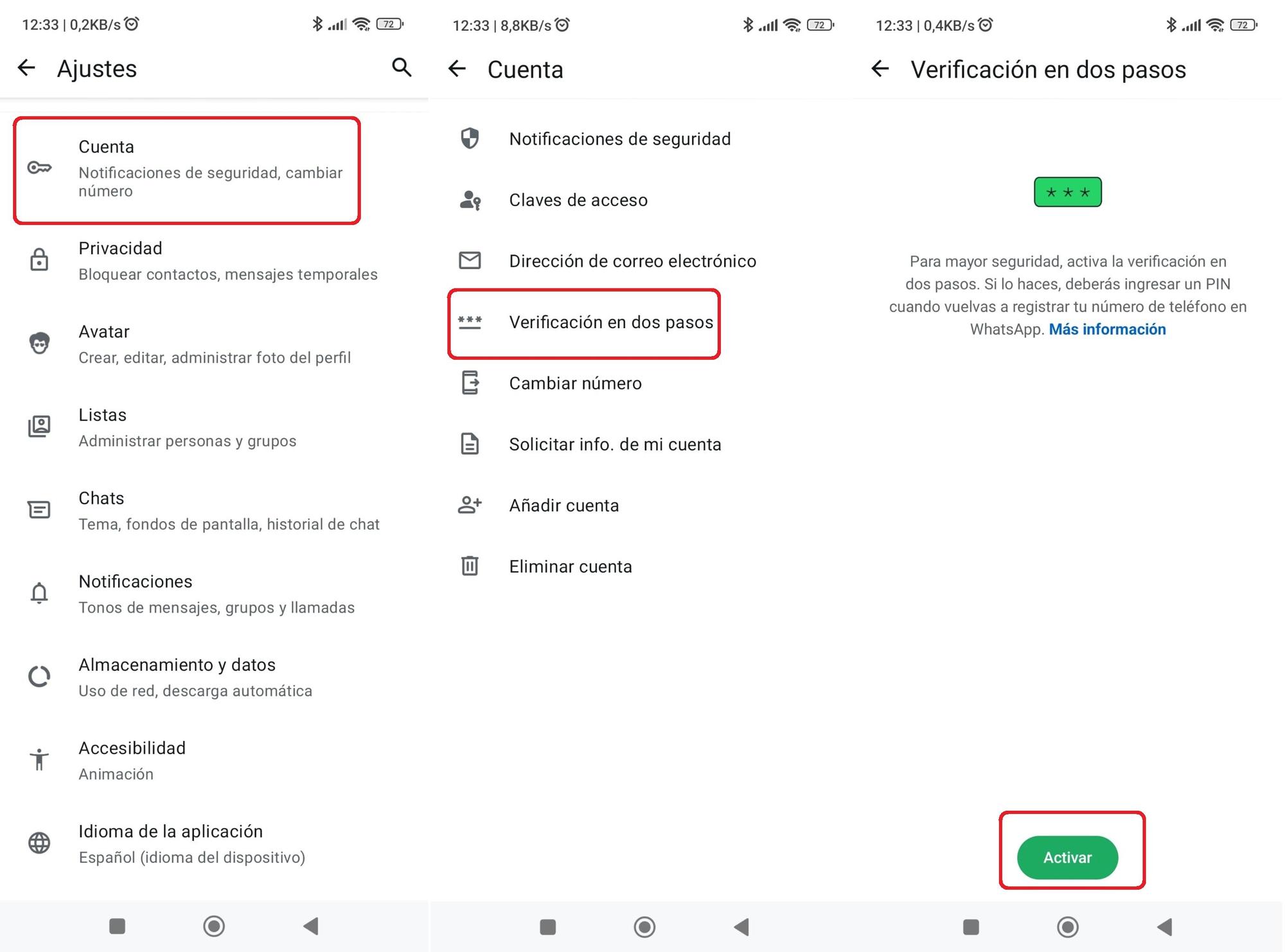 Combo de pantallas con los pasos para activar la verificación en dos pasos.