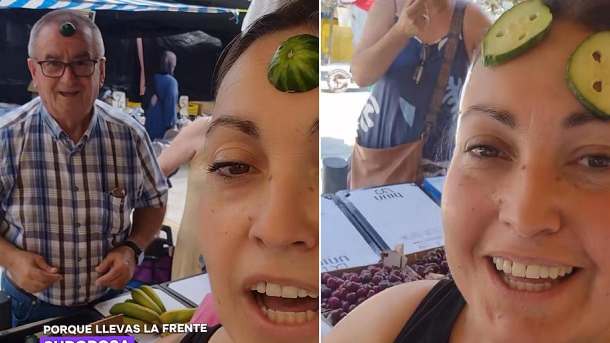 La frutera cuenta que están vendiendo en el mercado ambulante de Torre Pacheco, a 45 grados, donde los vecinos ya no saben ni qué hacer para combatir el calor.