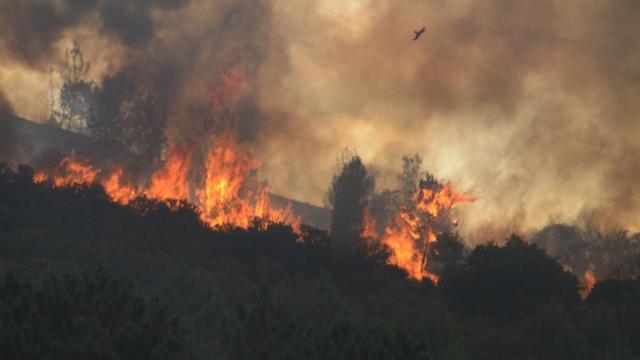 Vista del incendio forestal de Ribas de Sil, Galicia.