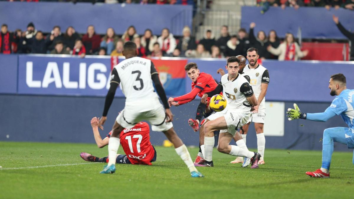 Aimar Oroz en imagen durante el disparo de su primer gol frente al Valencia. Foto: PATXI CASCANTE