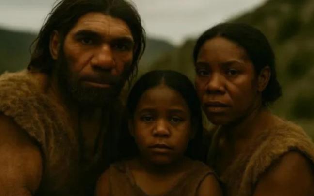 Reconstrucción mediante IA de una familia mixta de neandertales y Homo sapiens.