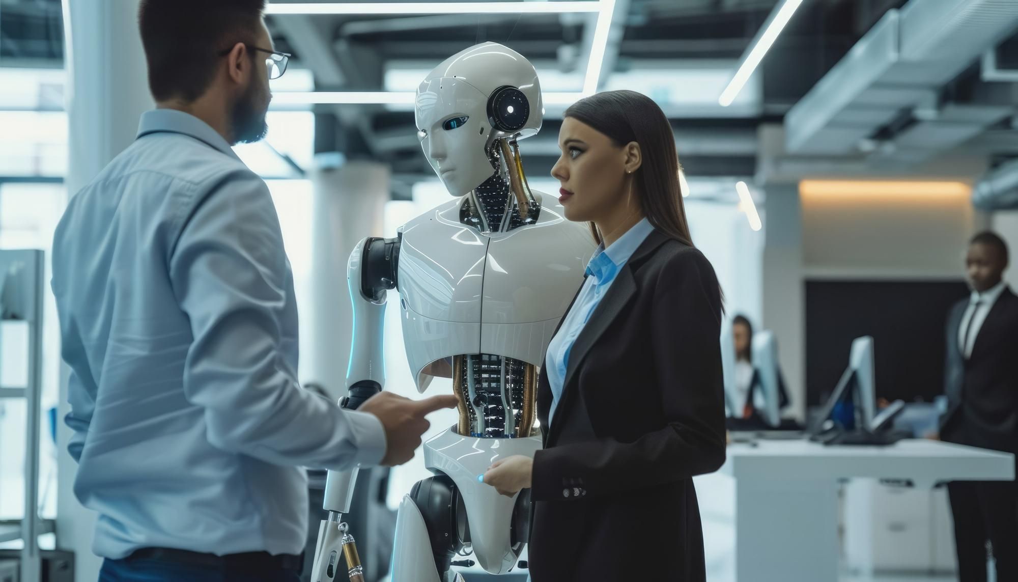 Robot humanoide con IA junto a dos trabajadores de una empresa.