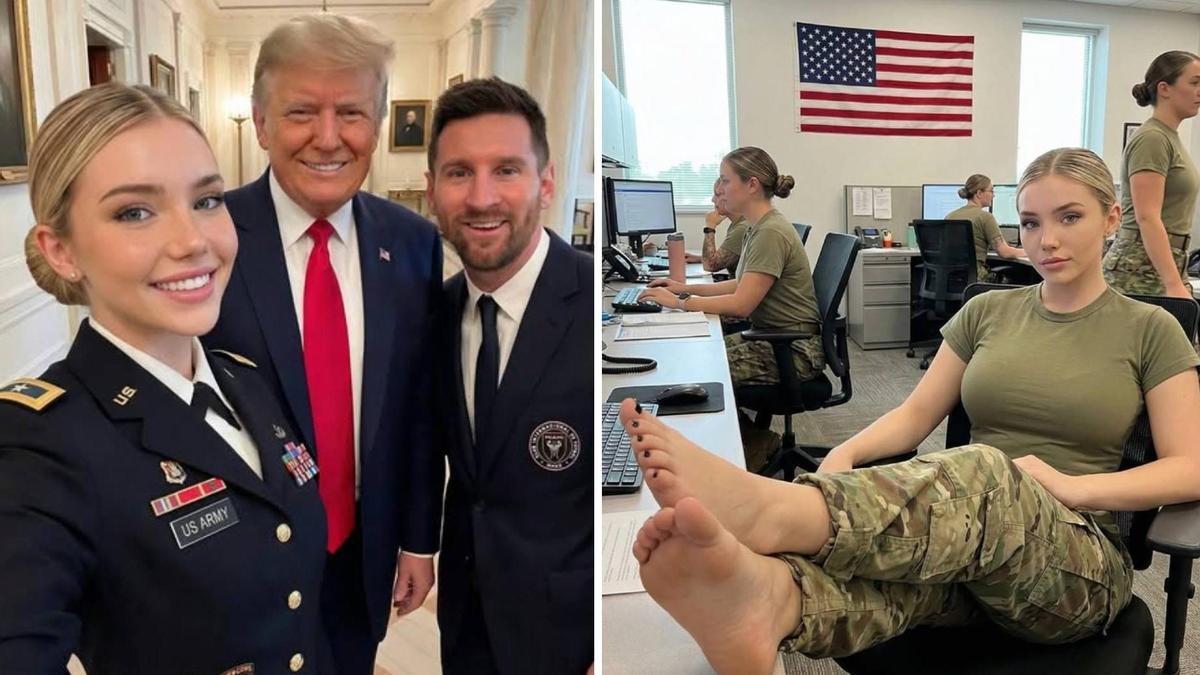 Leo Messi sí estuvo en la casa Balnca con Trump, la 'sintética' Jessica Foster, no. A la derecha, la creación luce pies desnudos, ¿una alusión a otra cuenta? LAs dos imágnes han sido generadas por IA.