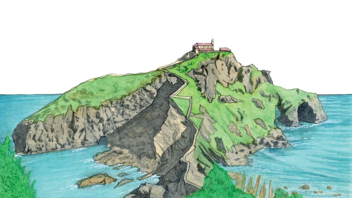 Ilustración de San Juan de Gaztelugatxe en el libro ‘De Bizkaia de toda la vida’. Fotos: DFB Ilustración de San Juan de Gaztelugatxe en el libro ‘De Bizkaia de toda la vida’. Fotos: DFB