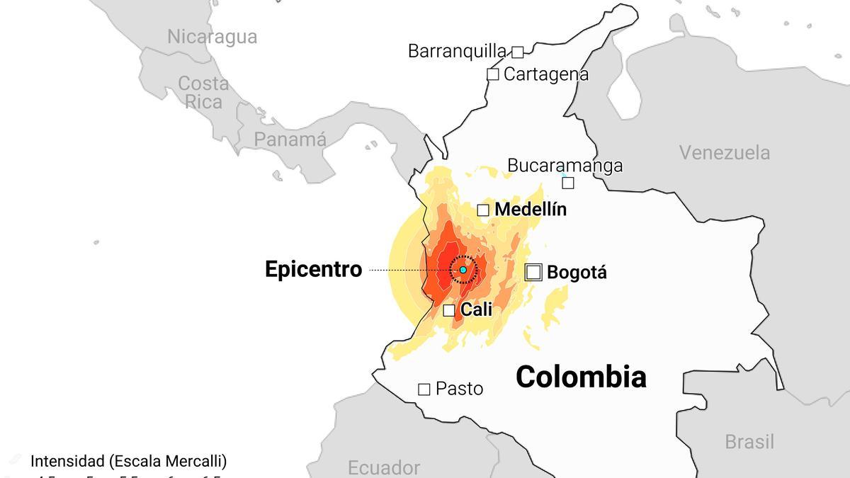 Mapa con localización del terremoto en Colombia.