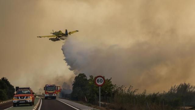 Un avión y coches de bomberos durante las labores de extinción de un incendio forestal.