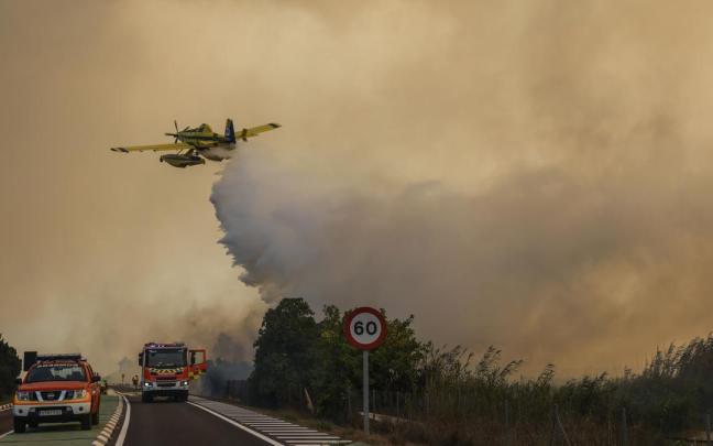 Un avión y coches de bomberos durante las labores de extinción de un incendio forestal.