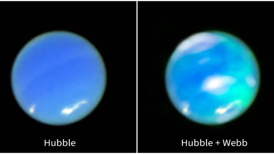 En la imagen de la derecha, las auroras de Neptuno coloreadas en azul cian sobre la superficie del planeta