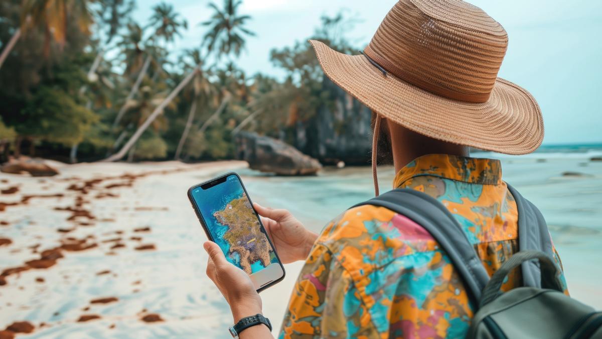 Un turista, utilizando su teléfono móvil en una playa.