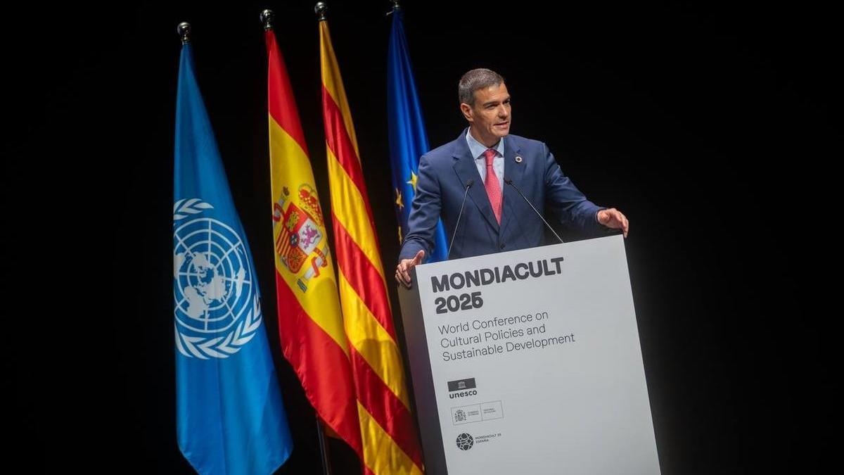 El presidente del Gobierno español, Pedro Sánchez, durante su intervención en la inauguración de la conferencia Mondiacult.