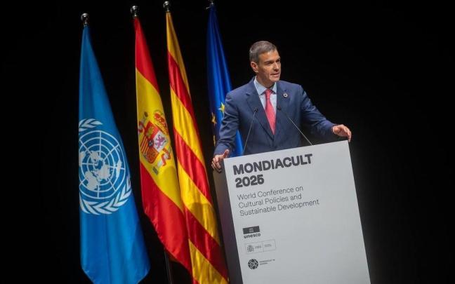 El presidente del Gobierno español, Pedro Sánchez, durante su intervención en la inauguración de la conferencia Mondiacult.
