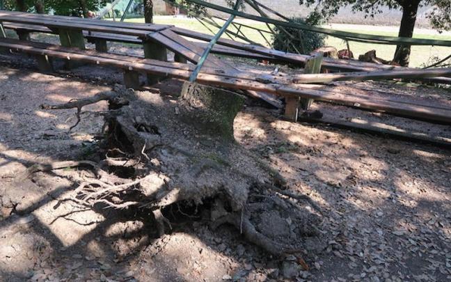 La mesa y la estructura de hierro que destrozó el árbol.