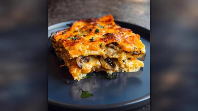 Lasaña de calabaza y setas con queso gratinado.