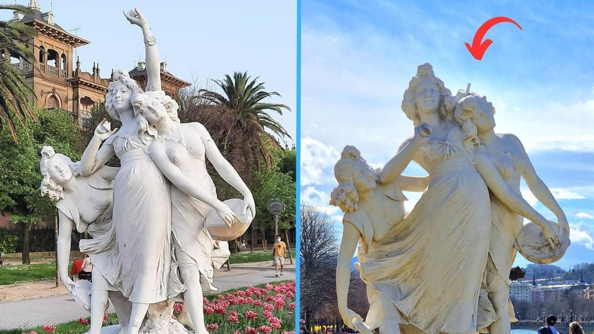 Imagen de la escultura antes y después del acto vandálico en el Paseo de Francia de Donostia