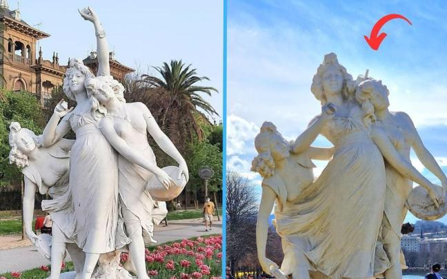 Imagen de la escultura antes y después del acto vandálico en el Paseo de Francia de Donostia Imagen de la escultura antes y después del acto vandálico en el Paseo de Francia de Donostia