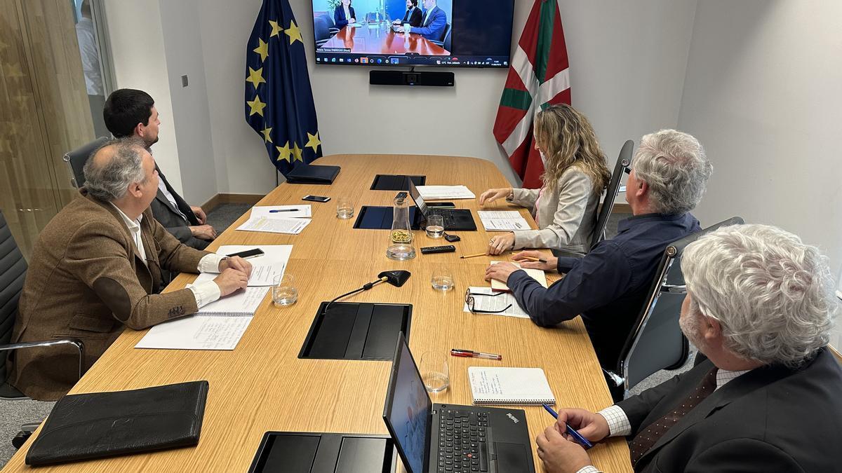 Un momento de la reunión por videoconferencia entre representantes del Gobierno vasco, la Comisión Europea y la Confebask.
