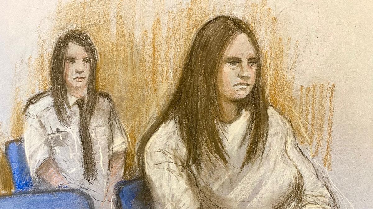 Dibujo de Julia Wandel, a la derecha, durante su juicio por acosar a los padres de Madeleine McCann.