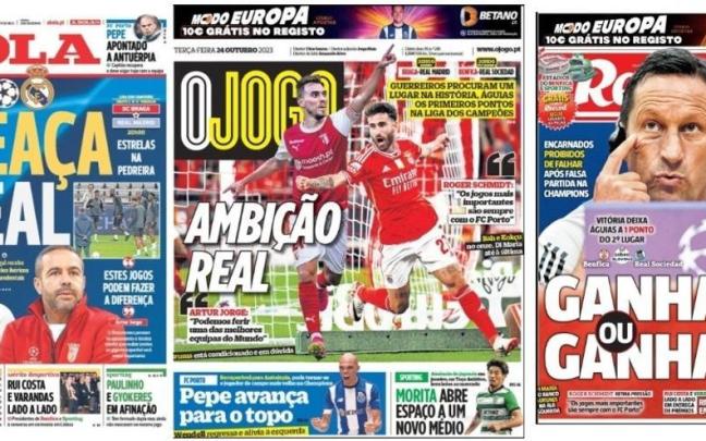 Recopilación de las portadas de este martes en los tres diarios deportivos de Portugal