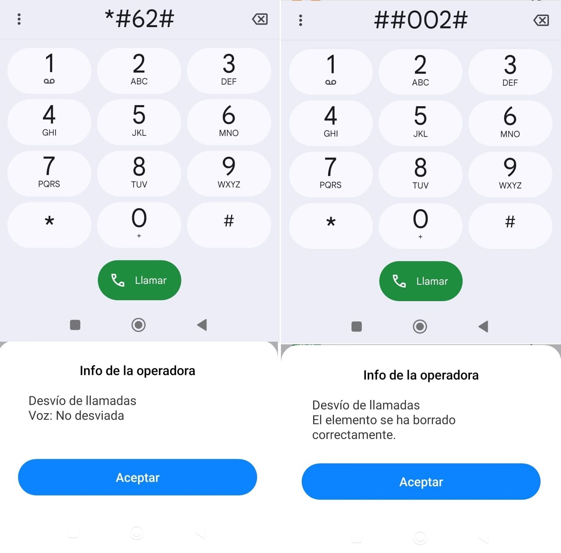 A la izquierda, el cígo MMI para averiguar si hay un desvío ilegítimo en el móvil y a la el código MMI para eliminar ese desvío.