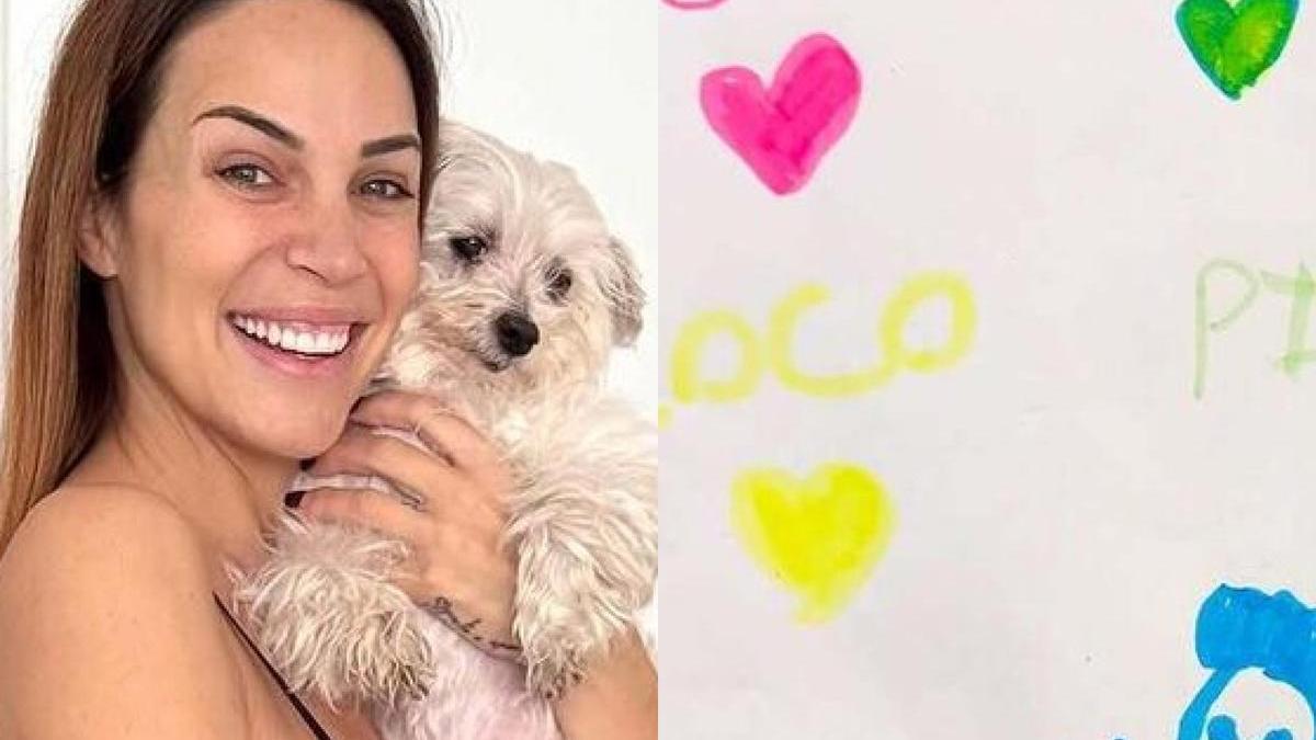 Nerea Garmendia junto a su perro y un dibujo de su sobrina