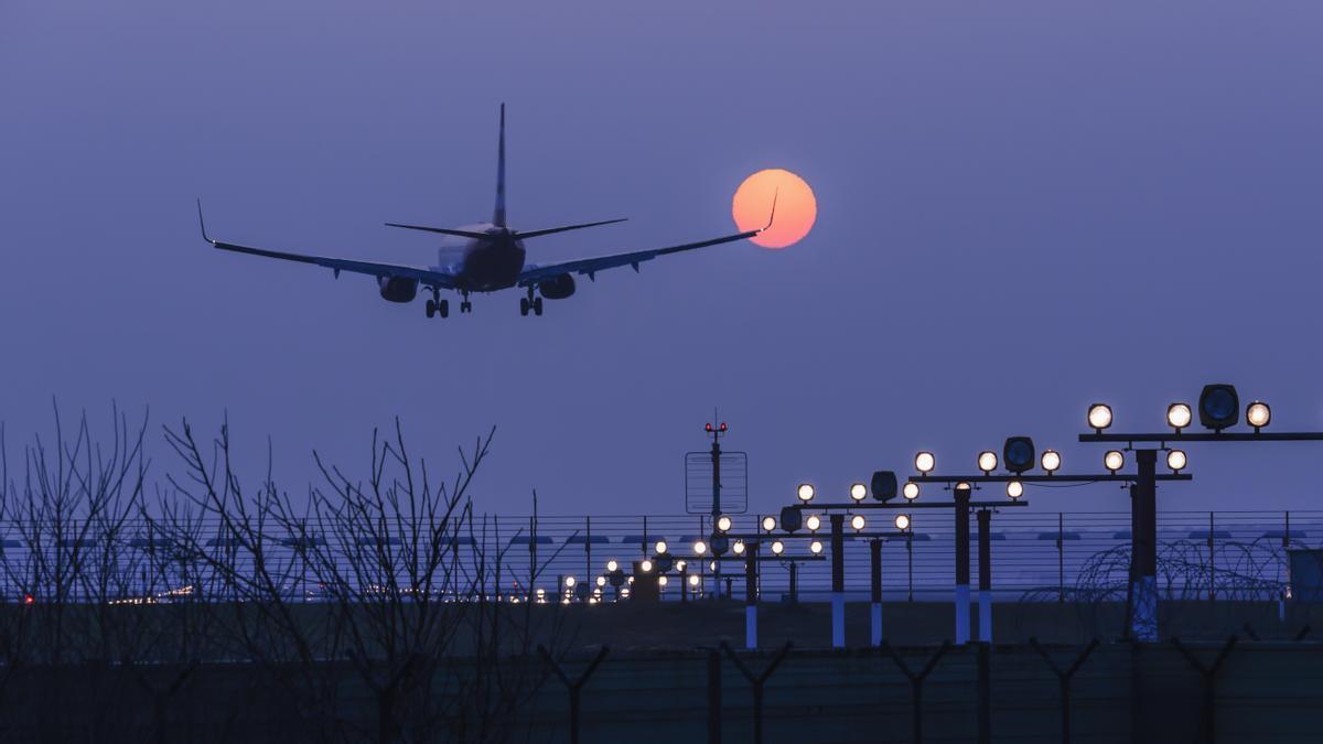 Un avión aterriza en un aeropuerto.