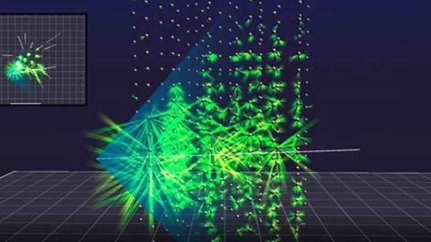 Recreación de la captación por los detectores de KM3NeT de la luz Cherenkov emitida por la interacción del neutrino.