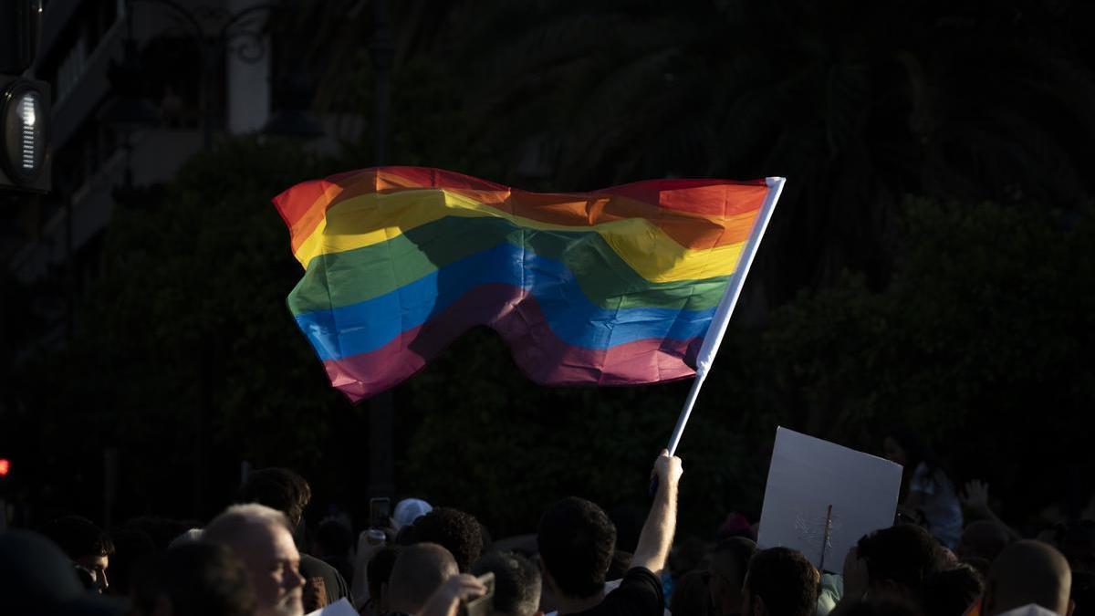 Un hombre ondea una bandera arcoíris durante una manifestación del Orgullo LGTBI.