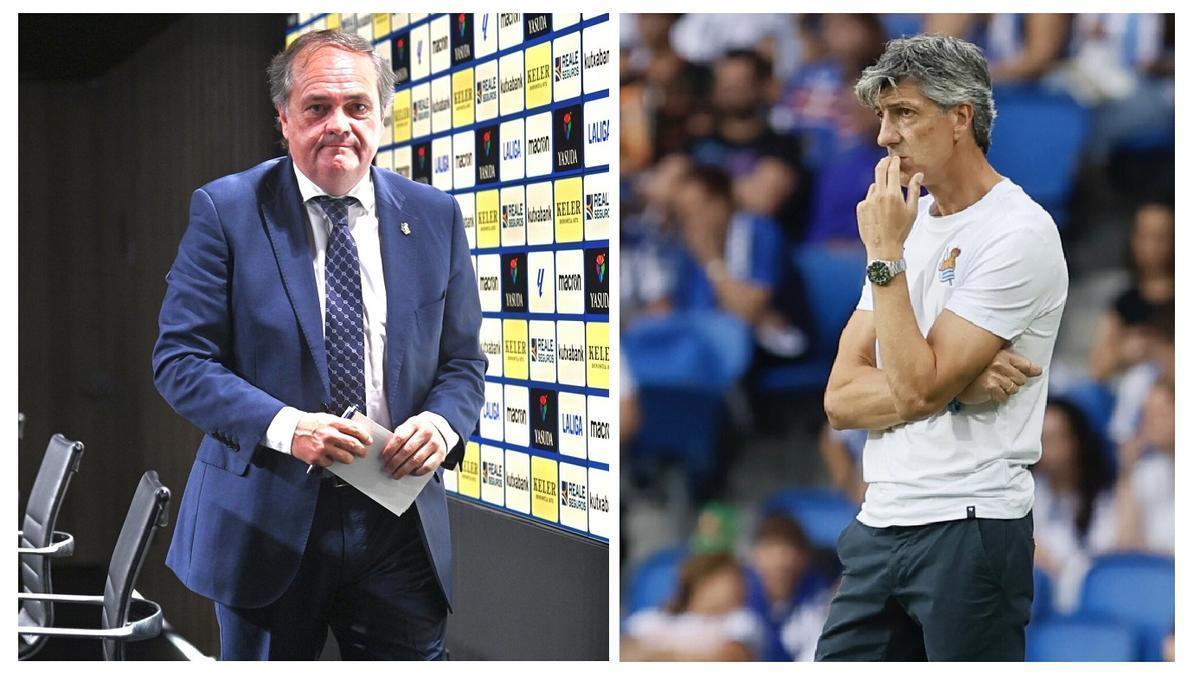 Jokin Aperribay, este lunes en Anoeta. Imanol Alguacil, durante el partido del domingo. / PEDRO MARTÍNEZ / JAVI COLMENERO