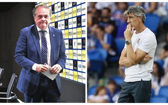 Jokin Aperribay, este lunes en Anoeta. Imanol Alguacil, durante el partido del domingo. / PEDRO MARTÍNEZ / JAVI COLMENERO